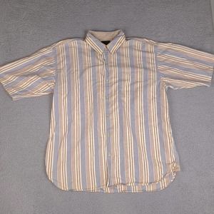 Sean John Shirt Mens XXL Beige Blue Striped Button Down Short Sleeve Embroidered